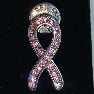 Pink Ribbon Bejeweled Lapel Pin 1" Long